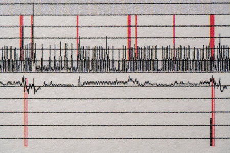 Images charts scientific cardiograms of cardiorespiratory sleep monitoring. Heart pulse or Heart wave, graph on paper. Medical examination cardiogram, close upの写真素材