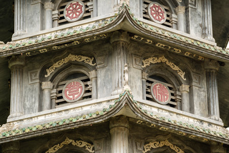 Beautiful image of buddhist pagoda, religious monument in Danang, Vietnam, close upの写真素材