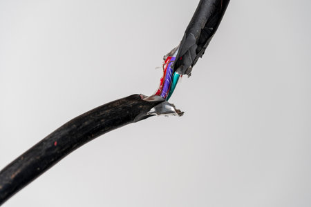 A close up of a broken black electric cord with red and electric blue wires intertwined. Damaged power electrical cable on white backgroundの写真素材