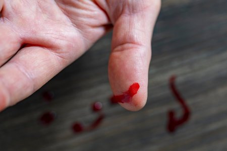 Wound on finger with blood from a knife cut. Injured finger with bleeding open cut wound. Close up of finger human hand is cut hurt bleeding with bright red bloodの写真素材