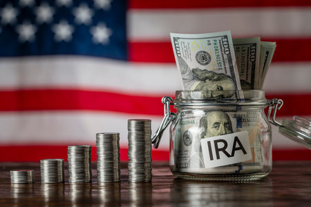 Money towers and glass jar used for saving US dollar bills and notes for IRA retirement fund on the American flag background, close up. Finance, business, investment and money saving conceptの写真素材