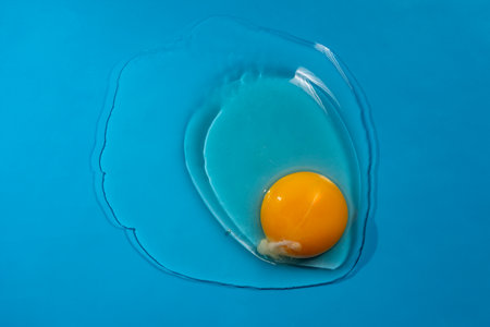 Healthy and fresh broken egg on blue background, close up, top view. Raw egg white and yolk on a blue backgroundの写真素材