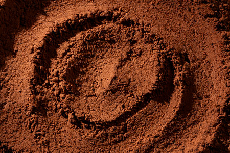 Natural dark brown cocoa powder textured background, close up, top viewの写真素材