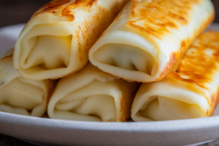 Stack of fried pancakes, close up. Traditional Ukrainian pancakes stuffed with meat filling....