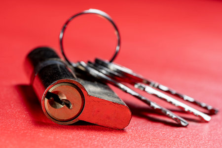 Door lock and keys on a red background, close up. Household security system. Pin tumbler of cylinder lock internal mechanism and set of keysの写真素材