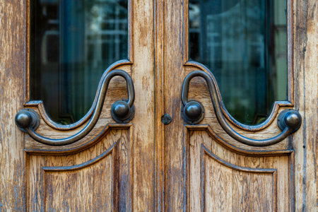 Dark old brown doors with bronze handles and glass. Wooden door with windows with street reflection, close upの写真素材