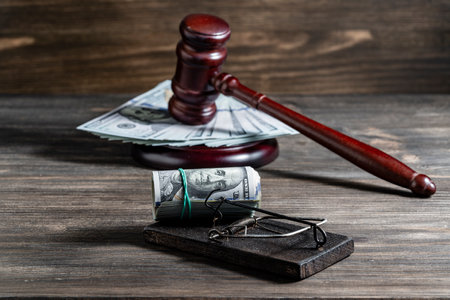 Wooden judge gavel, soundboard with dollars and mousetrap on a wooden table, close up. Money scam or fraud conceptの写真素材