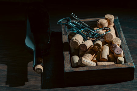 Wine corks, corkscrew and bottle on wooden table, close upの写真素材