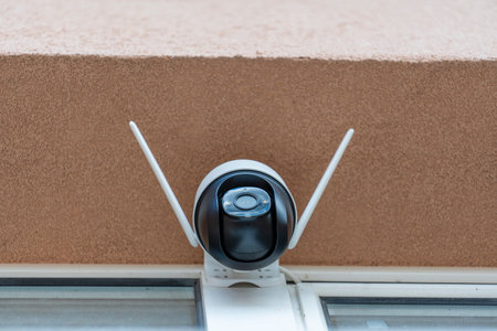 Close-up home security camera 360 on background. CCTV security camera. Technologies for monitoring...
