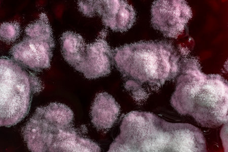 Mold in a glass jar of red raspberry jam, close up, top view. Mold can be dangerous to healthの写真素材