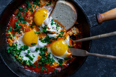 Shakshuka in frying pan for breakfast, close up. Homemade shakshuka from fried eggs, onion, bell pepper, red tomato and parsley in a cast iron skillet, top viewの写真素材