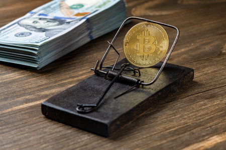 Golden cryptocurrency coin bitcoin in wooden mousetrap and stack of 100 US dollar bills. Soap bubble cryptocurrency, scam or fraud concept. Risks and dangers of Investing in bitcoinの写真素材