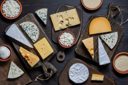 Set of different cheeses on wooden cutting boards, close up, top view. Various types of cheese