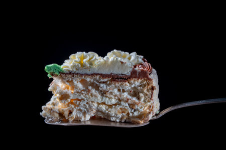 Piece of cake with meringue-type cakes with a layer and decoration of butter-custard cream on metal...