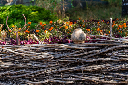 Old clay pots hang on a wooden wattle fence, close up, village in Ukraine. Beautiful decorative element in the summer garden. Rural sceneの写真素材