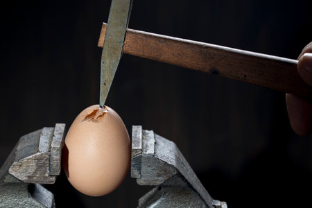 Hammer hits a chicken egg trapped in the old metalwork vice on dark background, close up. Chicken...