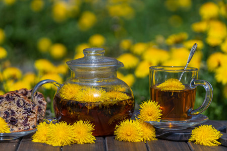 Healthy dandelion flower tea in a glass teapot on the wooden table with cherry muffin in the spring garden, close upの写真素材