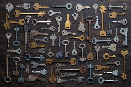 Set of different old keys on wooden background, top view, close up. Safety and security concept. Pattern of many keysの写真素材