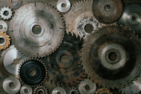 Old circular saw blades and emery wheels on wooden table, close up, top view. Carpentry tools, sawing and grinding equipmentの写真素材