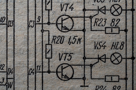 Old radio circuit printed on vintage paper electricity diagram as background for education, electricity industries. Electric radio scheme from USSRの写真素材