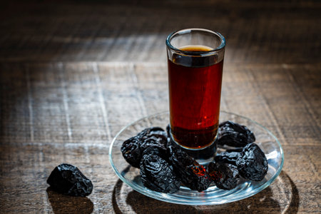 Homemade dark damson plum brandy in glasses on a wooden table, close up. Drink from dry plums