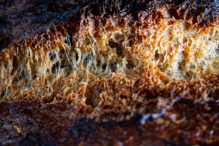 Bursting crust of freshly baked yeast-free bread, close up. Rustic sourdough bread, macro