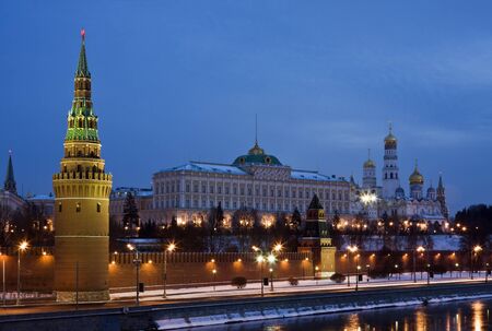 Moscow Kremlin in fires by cold winter nightの写真素材