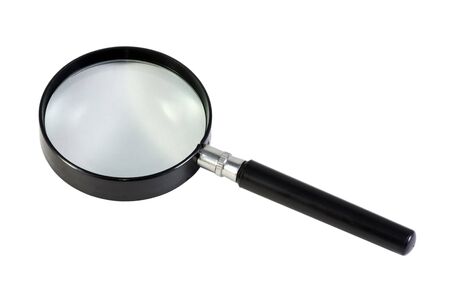 magnifying glass with a black pen isolated on white backgroundの写真素材