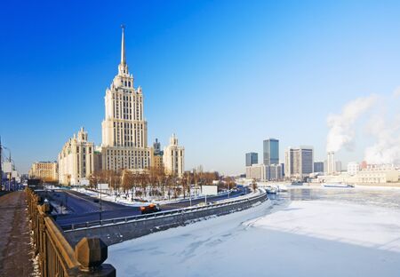 Hotel Ukraine and the Moscow River in the iceの写真素材