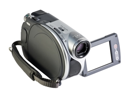 video camera with white screen isolated on whiteの写真素材