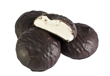 marshmallows in chocolate and half isolated on whiteの写真素材