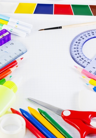miscellaneous supplies for the school on a sheet in cellの写真素材