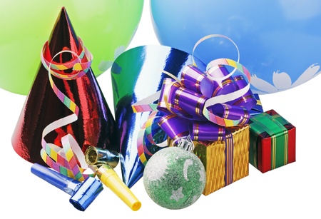 Christmas decoration of balloons and gifts on a white backgroundの写真素材