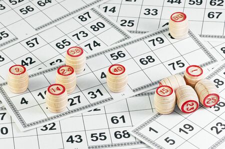 tabletop lotto game with cards and barrelの写真素材