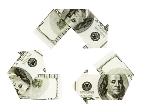 Dollar bills on white background folded into arrows in the shape of the recycling symbolの写真素材