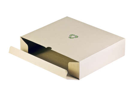 open box made of cardboard and recycling sign isolated on whiteの写真素材