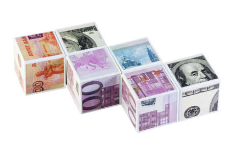 toy blocks with currency from different countriesの写真素材