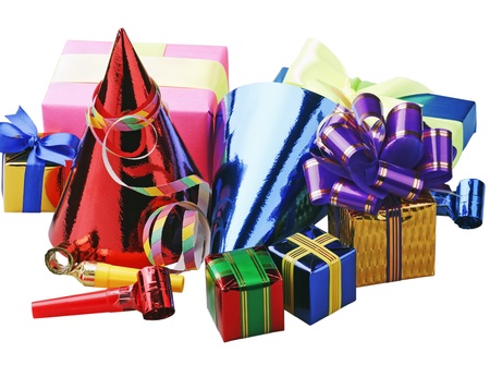 Christmas decoration of balloons and gifts on a white backgroundの写真素材