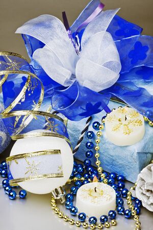 gifts and Christmas decorations on a gray backgroundの写真素材