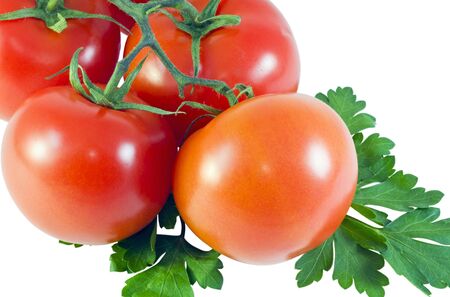 tomatoes and parsley leaves isolated on whiteの写真素材