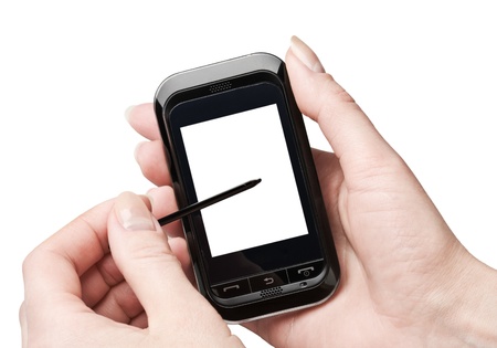 Mobile phone with empty screen isolated on whiteの写真素材