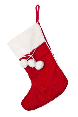 Christmas stockings on the mantel isolated on whiteの写真素材