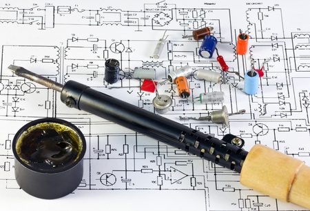 radio components and the soldering iron on the scheme