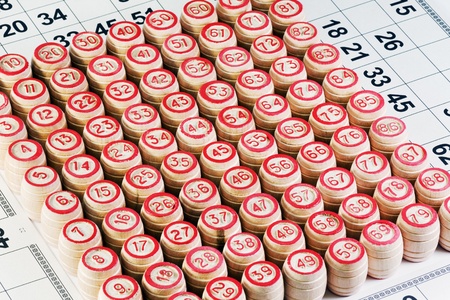 bingo game cards and wooden barrelsの写真素材
