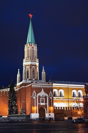 Nikolskaya tower of Moscow Kremlin at Red Square at night, Russia の写真素材