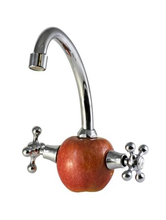red apple and plumbing fixtures isolatedの写真素材