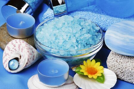 items for the spa and aromatherapy on a blue backgroundの写真素材