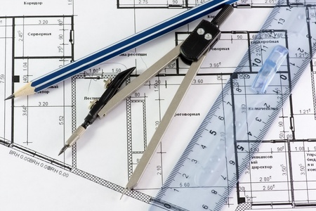 pencil, compass and ruler in the terms of officeの写真素材