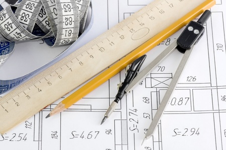 ruler, pencil in terms of flatの写真素材