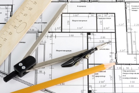 compasses, ruler and pencil to plan facilitiesの写真素材
